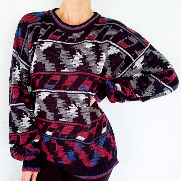 Vintage Botany 500 black maroon abstract knit fair isle pullover sweater size XL - Picture 1 of 11